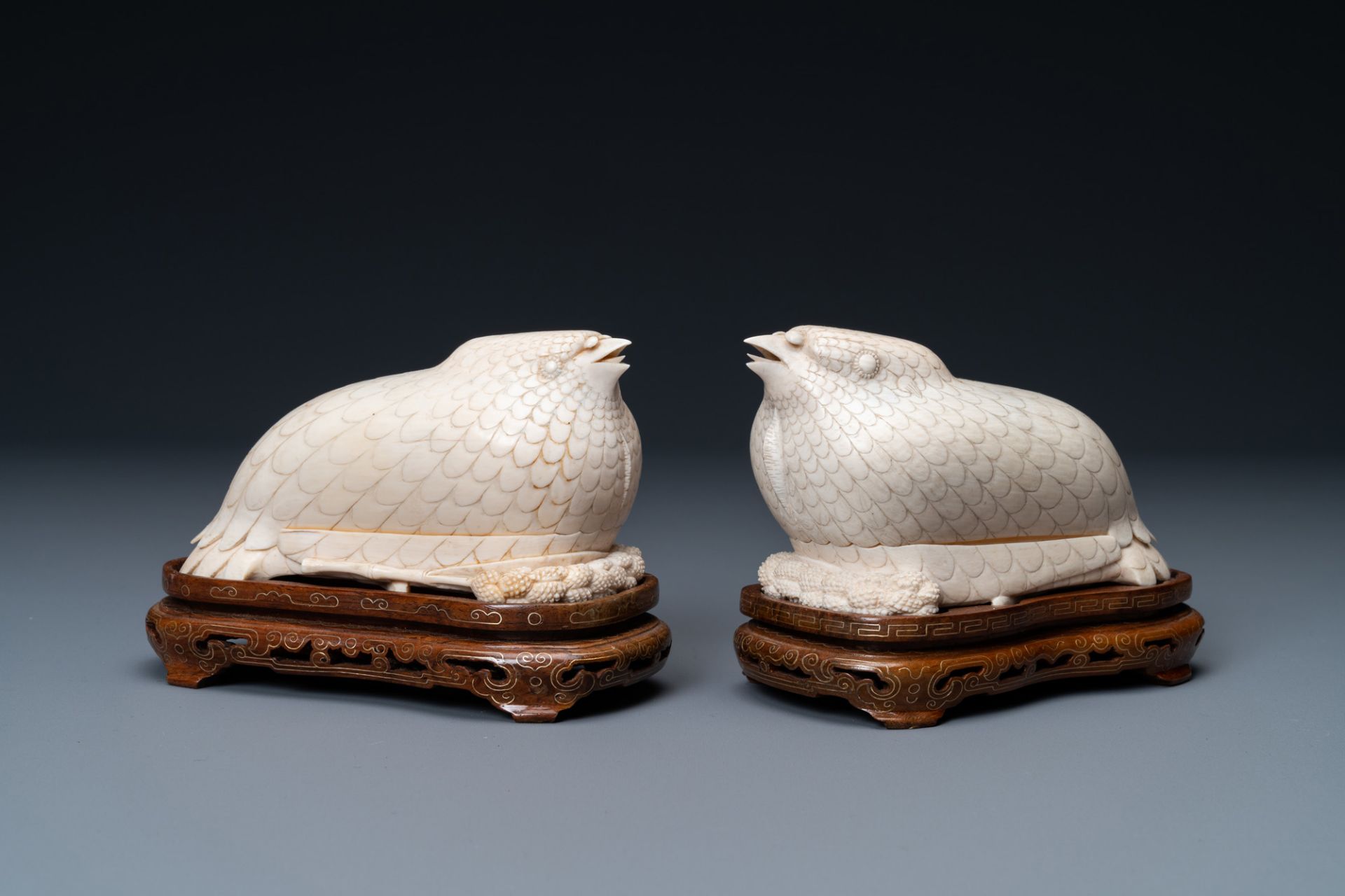 A pair of Chinese ivory quail-shaped boxes on inlaid wooden stands, Republic - Image 2 of 8