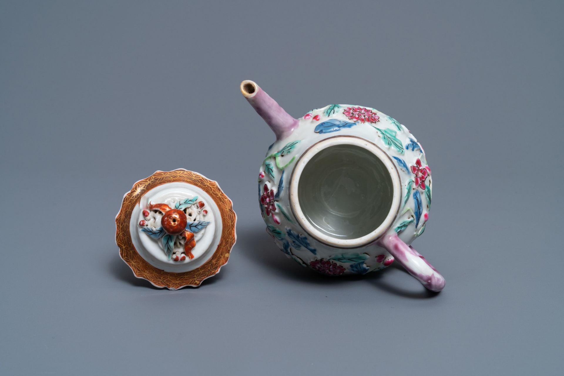 A Chinese famille rose relief-decorated teapot on stand, Yongzheng - Image 9 of 10