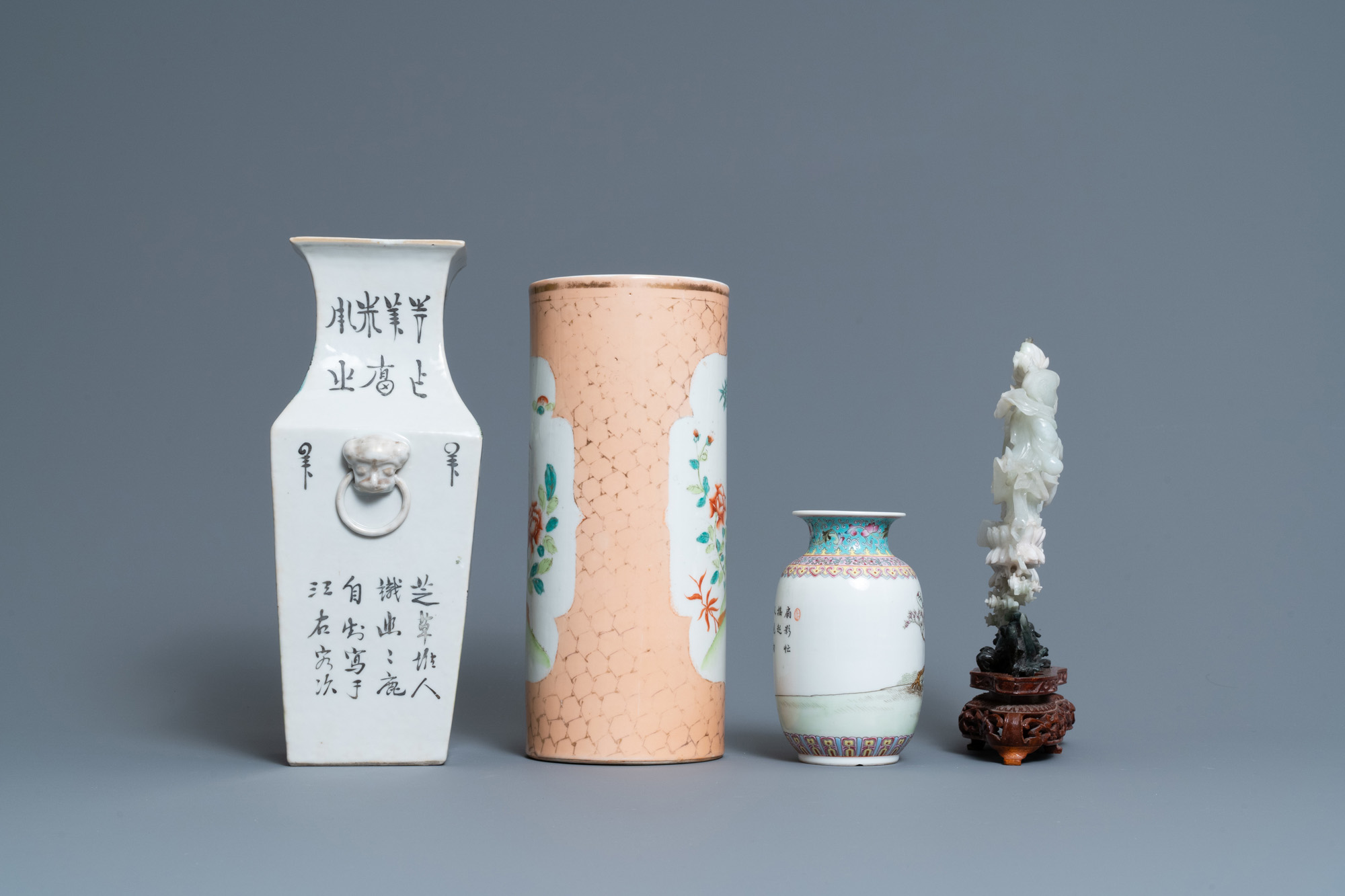 A Chinese qianjiang cai vase, three famille rose wares and a jadeite carving, 19/20th C. - Image 5 of 11