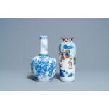 A Chinese wucai rouleau vase and a blue, white and copper-red vase, 19/20th C.