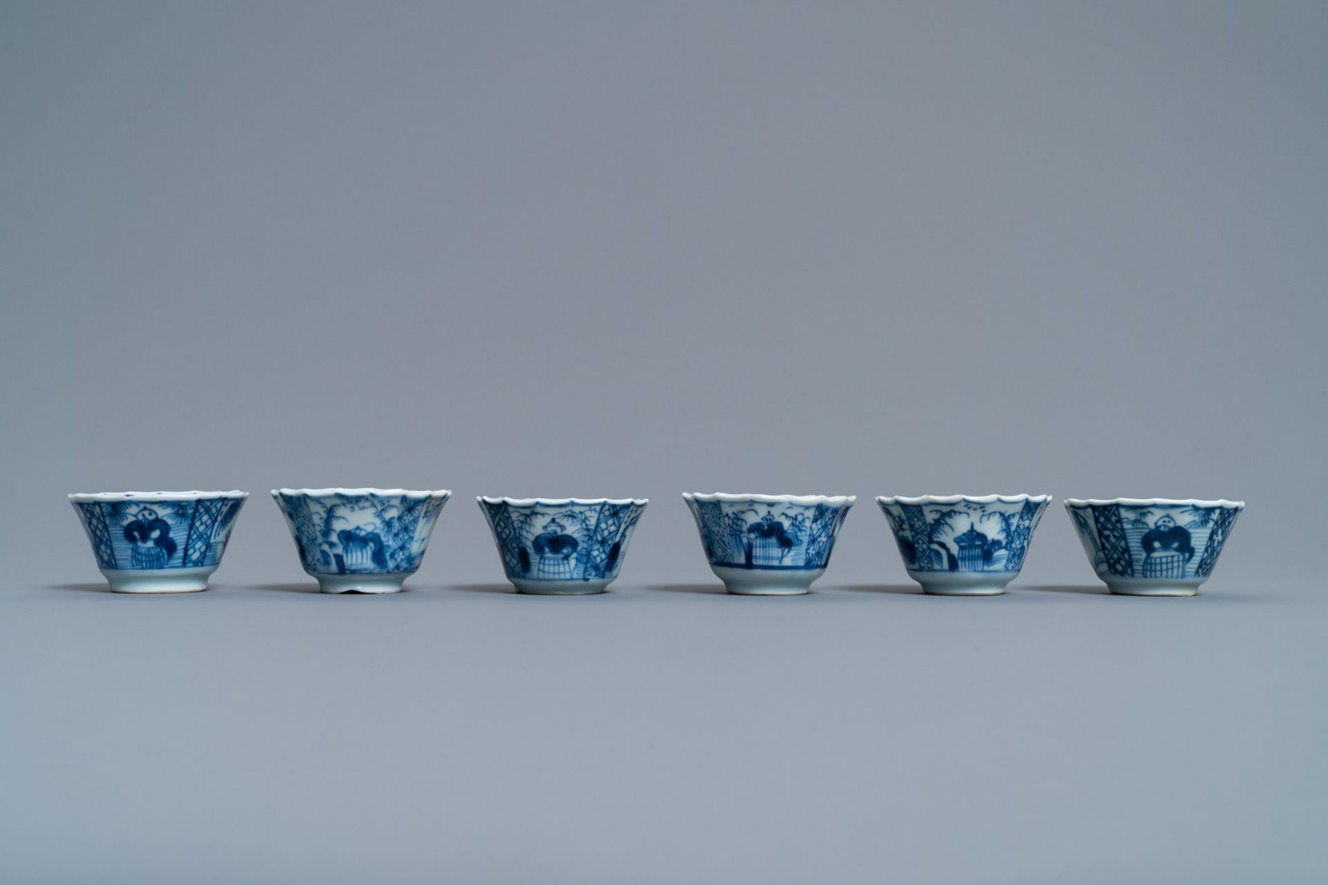 Six Chinese blue and white cups, six saucers and a bowl, Ming and Kangxi - Image 12 of 16