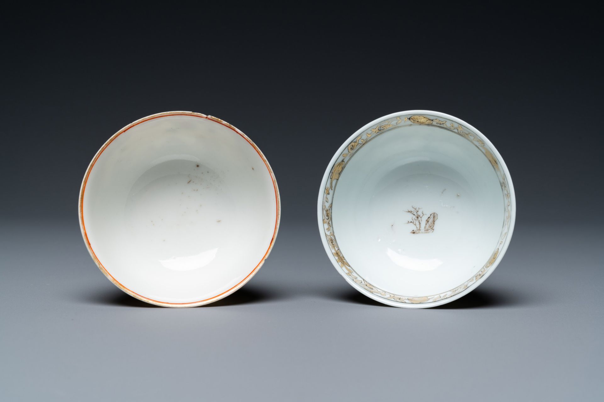 Two Chinese famille rose and grisaille cups and saucers, Yongzheng/Qianlong - Image 9 of 9