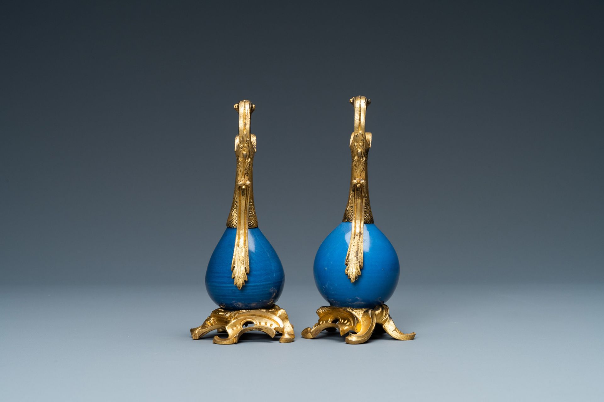 Two Chinese monochrome blue vases mounted as ewers with gilt bronze, Kangxi and 19th C. - Image 4 of 8