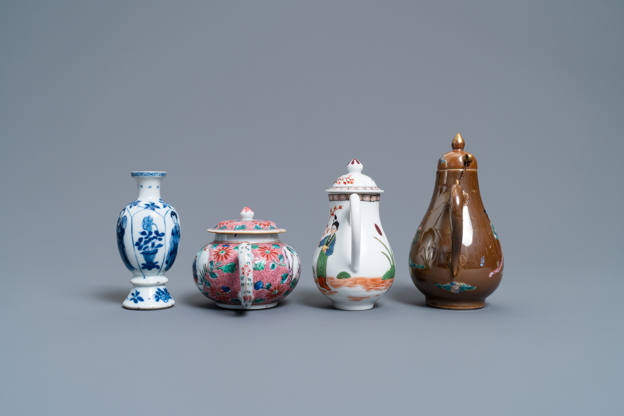 Two Chinese famille rose jugs, a teapot and a blue and white vase, Kangxi and later - Image 2 of 7