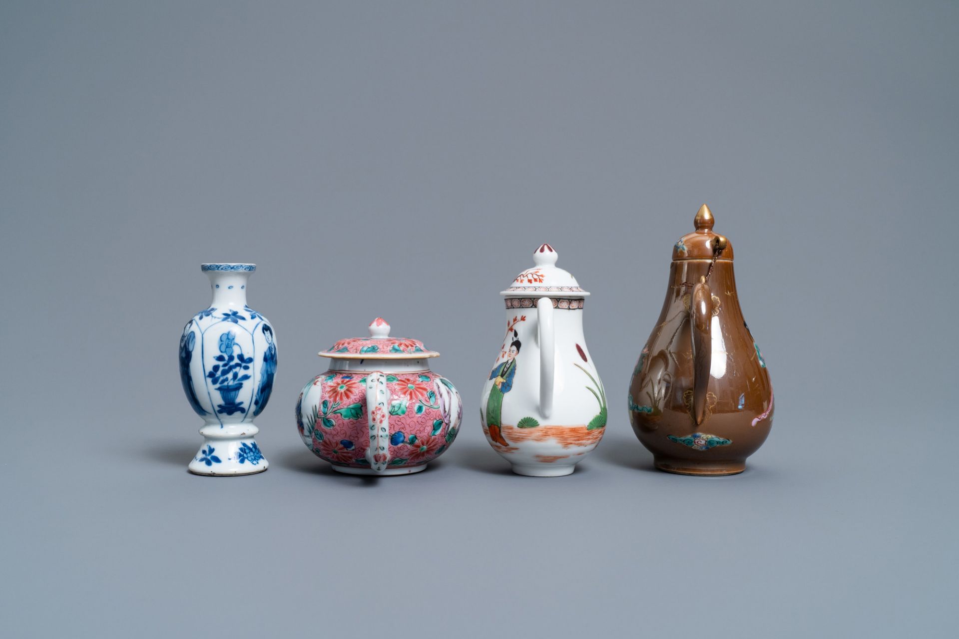 Two Chinese famille rose jugs, a teapot and a blue and white vase, Kangxi and later - Image 2 of 7