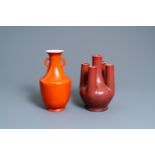 A Chinese monochrome coral red vase and a five-spouted sang de boeuf-glazed vase, 19/20th C.