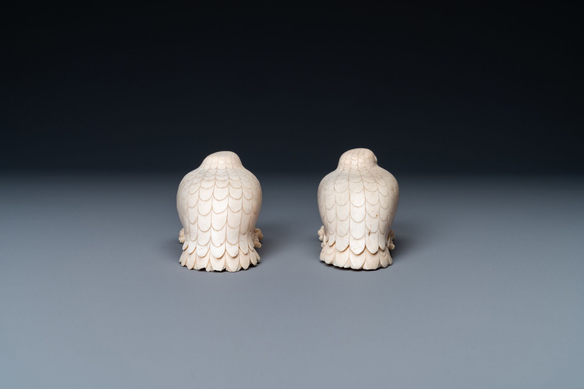 A pair of Chinese ivory quail-shaped boxes on inlaid wooden stands, Republic - Image 6 of 8