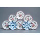 Six Chinese famille rose plates and a pair of blue and white plates, Kangxi/Qianlong