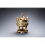 A large Chinese bronze censer and cover on stand with sea animals and shells, Qing