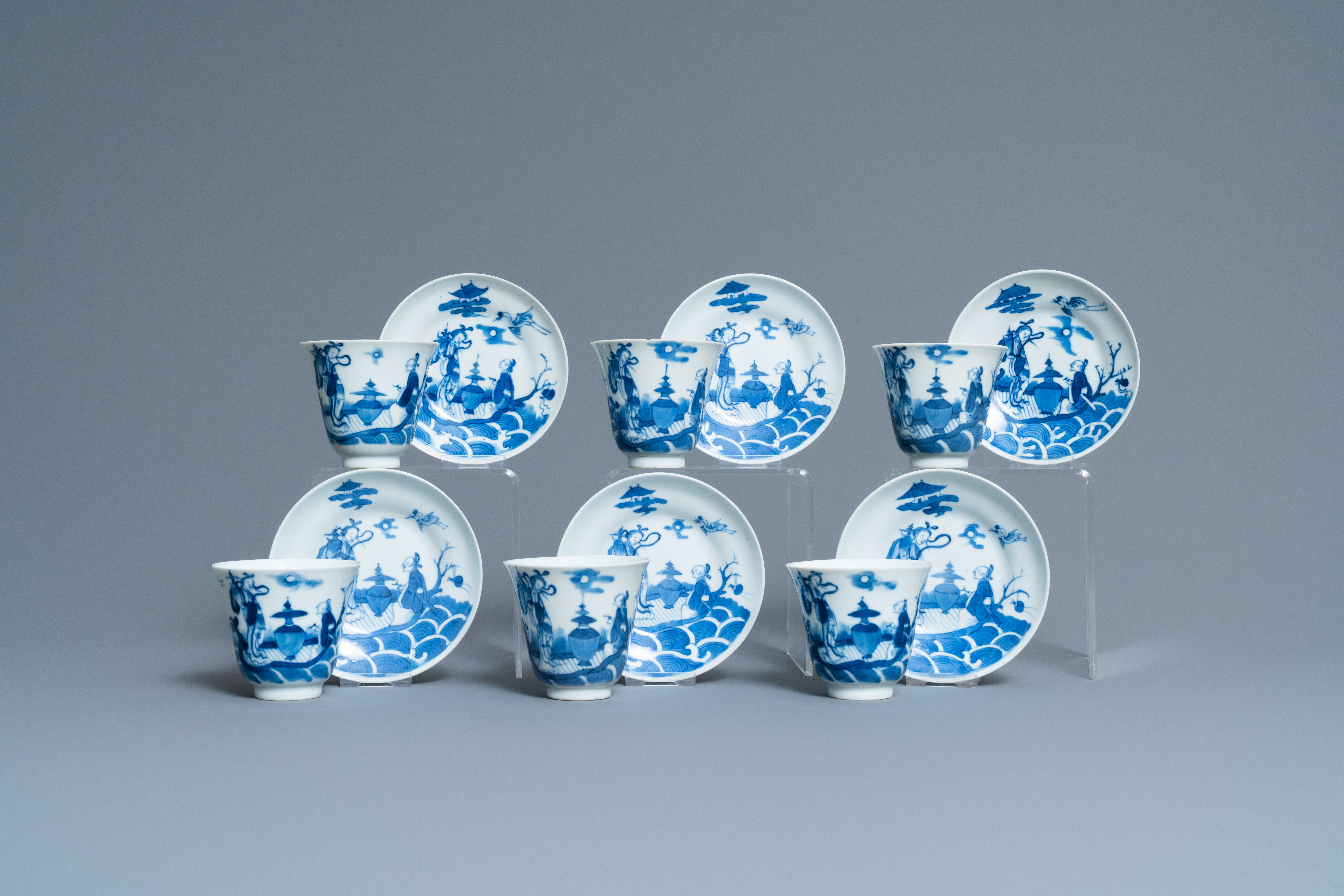 Six Chinese blue and white cups and saucers, 19th C.
