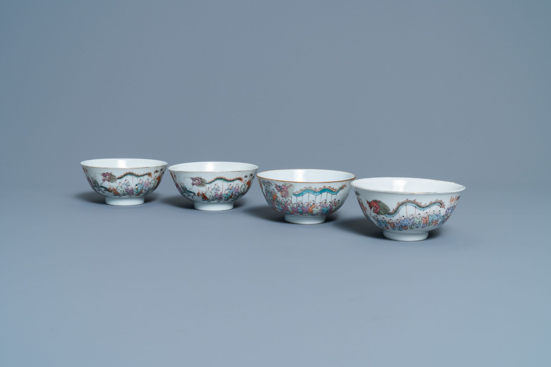 Four Chinese famille rose 'spring festival' bowls, 19th C.