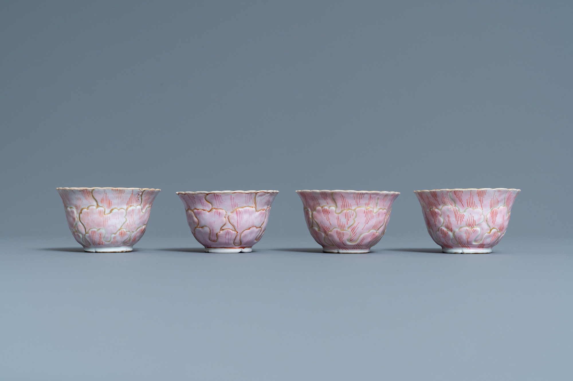 Four Chinese lotus-moulded famille rose cups and saucers with squirrels, Yongzheng - Image 4 of 9