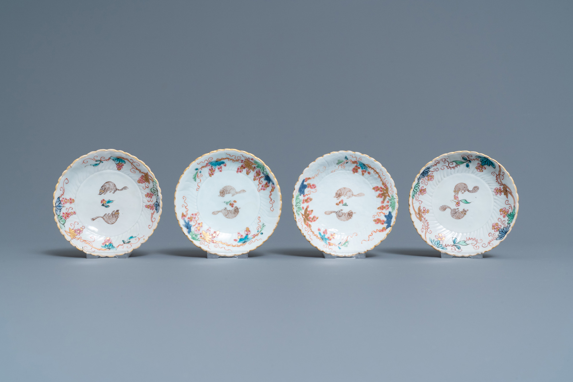 Four Chinese lotus-moulded famille rose cups and saucers with squirrels, Yongzheng - Image 2 of 9