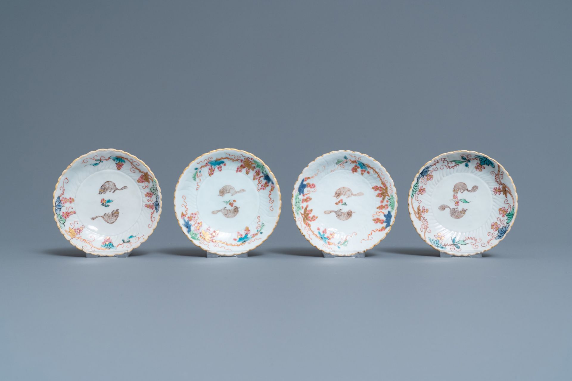 Four Chinese lotus-moulded famille rose cups and saucers with squirrels, Yongzheng - Image 2 of 9
