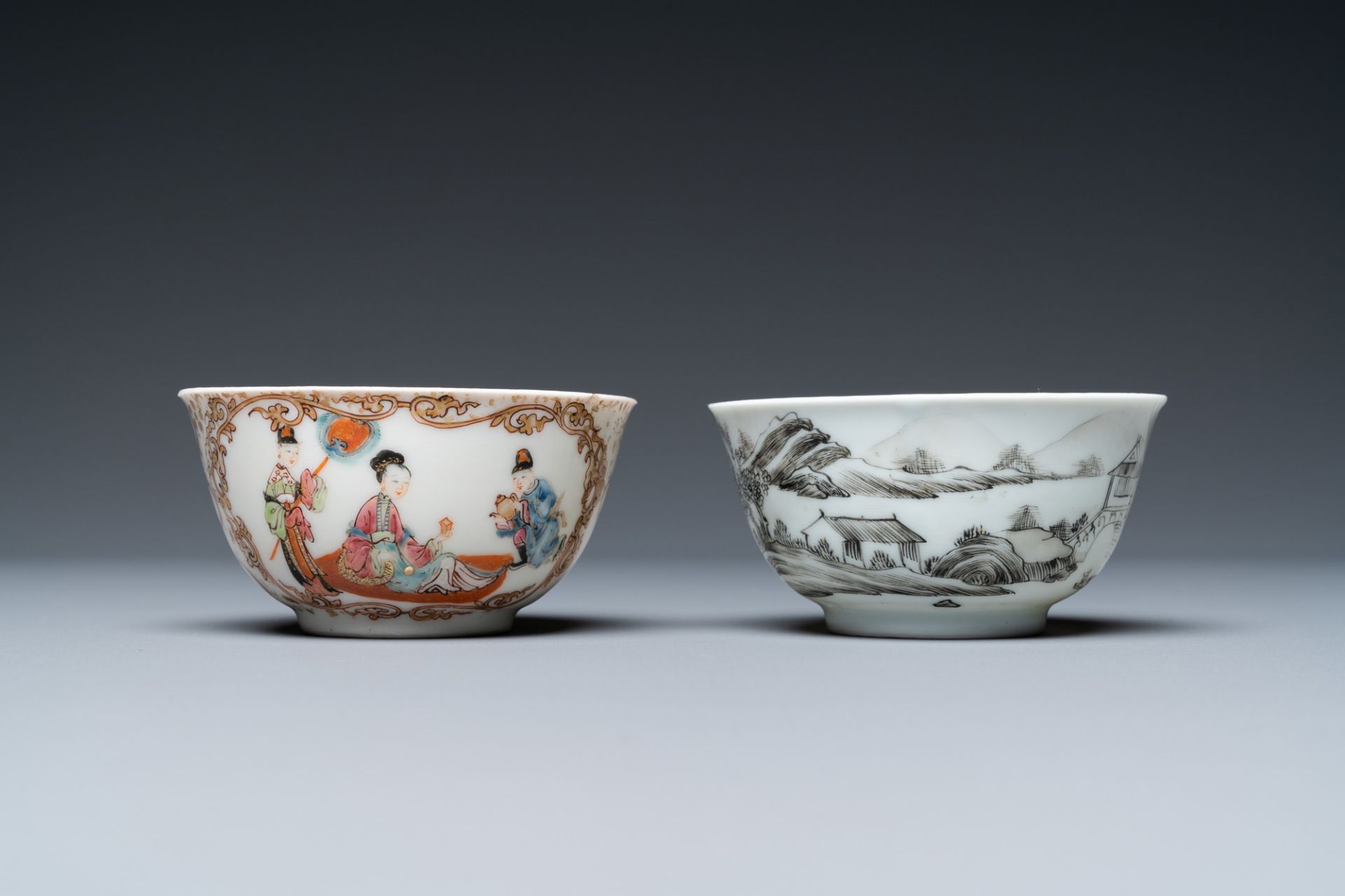 Two Chinese famille rose and grisaille cups and saucers, Yongzheng/Qianlong - Image 4 of 9