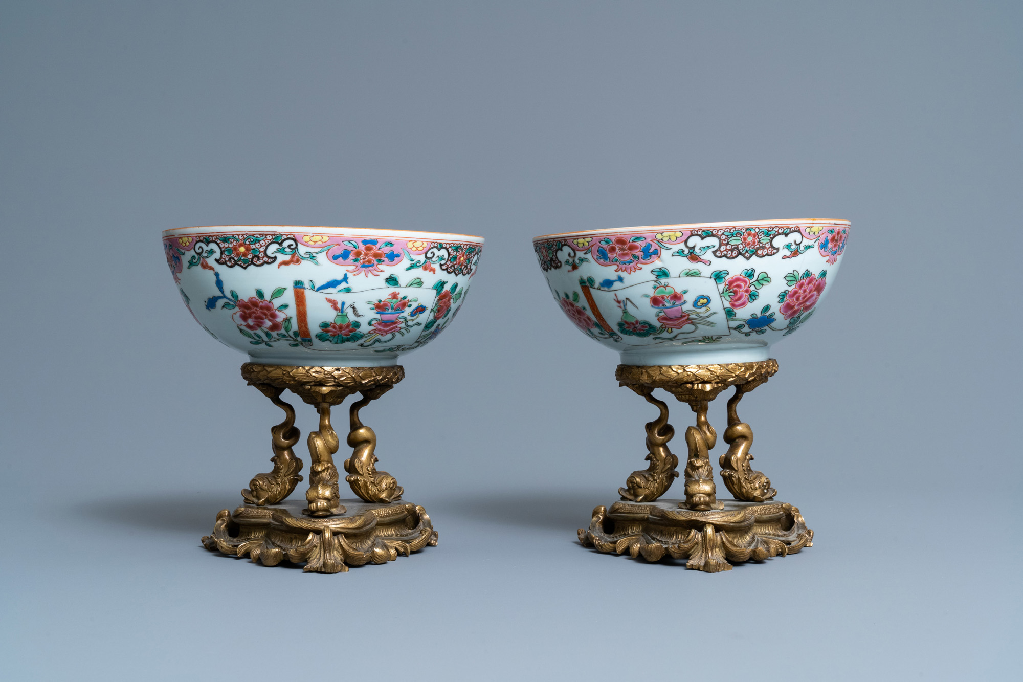 A pair of Chinese famille rose bowls on gilt bronze stand and a 'mandarin' mug, Qianlong - Image 2 of 13
