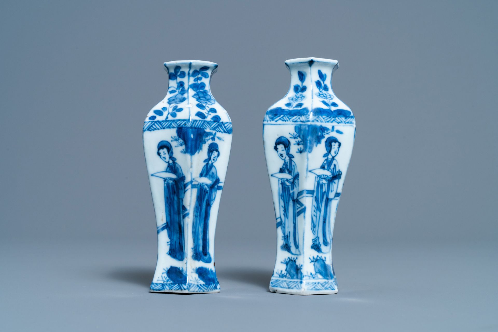 A pair of Chinese blue and white vases, a 'lotus' dish and four cups, Kangxi - Image 4 of 15