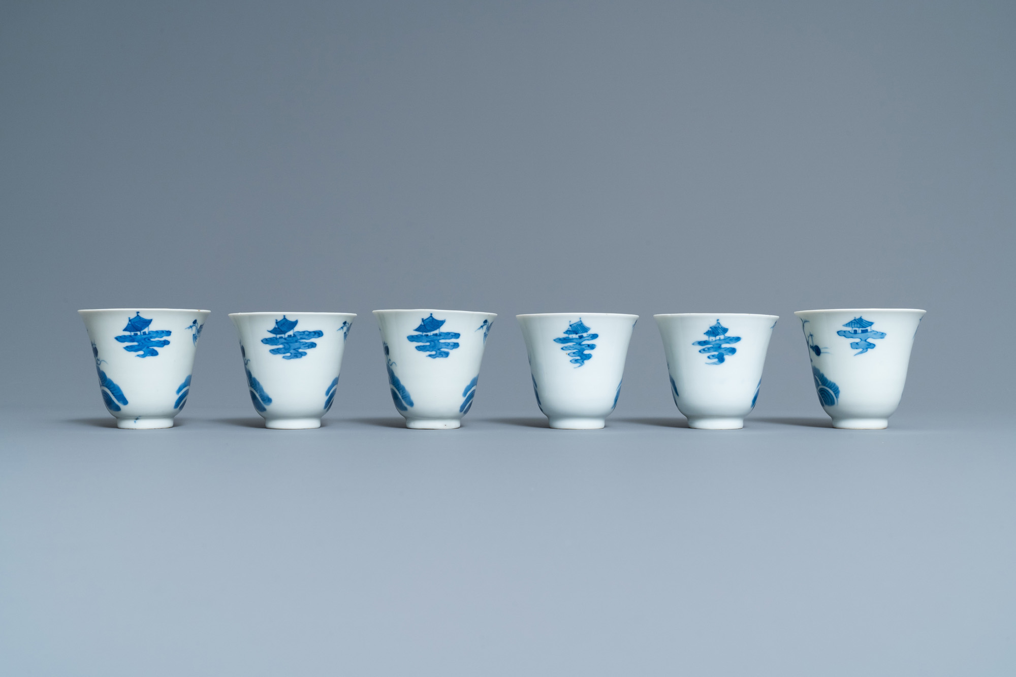 Six Chinese blue and white cups and saucers, 19th C. - Image 8 of 11