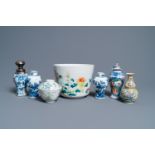 A varied collection of Chinese famille rose and blue and white wares, 18/19th C.