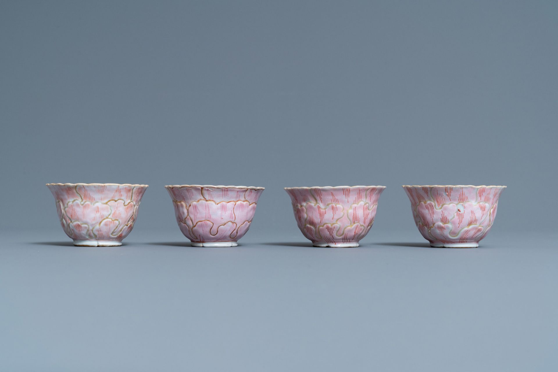 Four Chinese lotus-moulded famille rose cups and saucers with squirrels, Yongzheng - Image 6 of 9