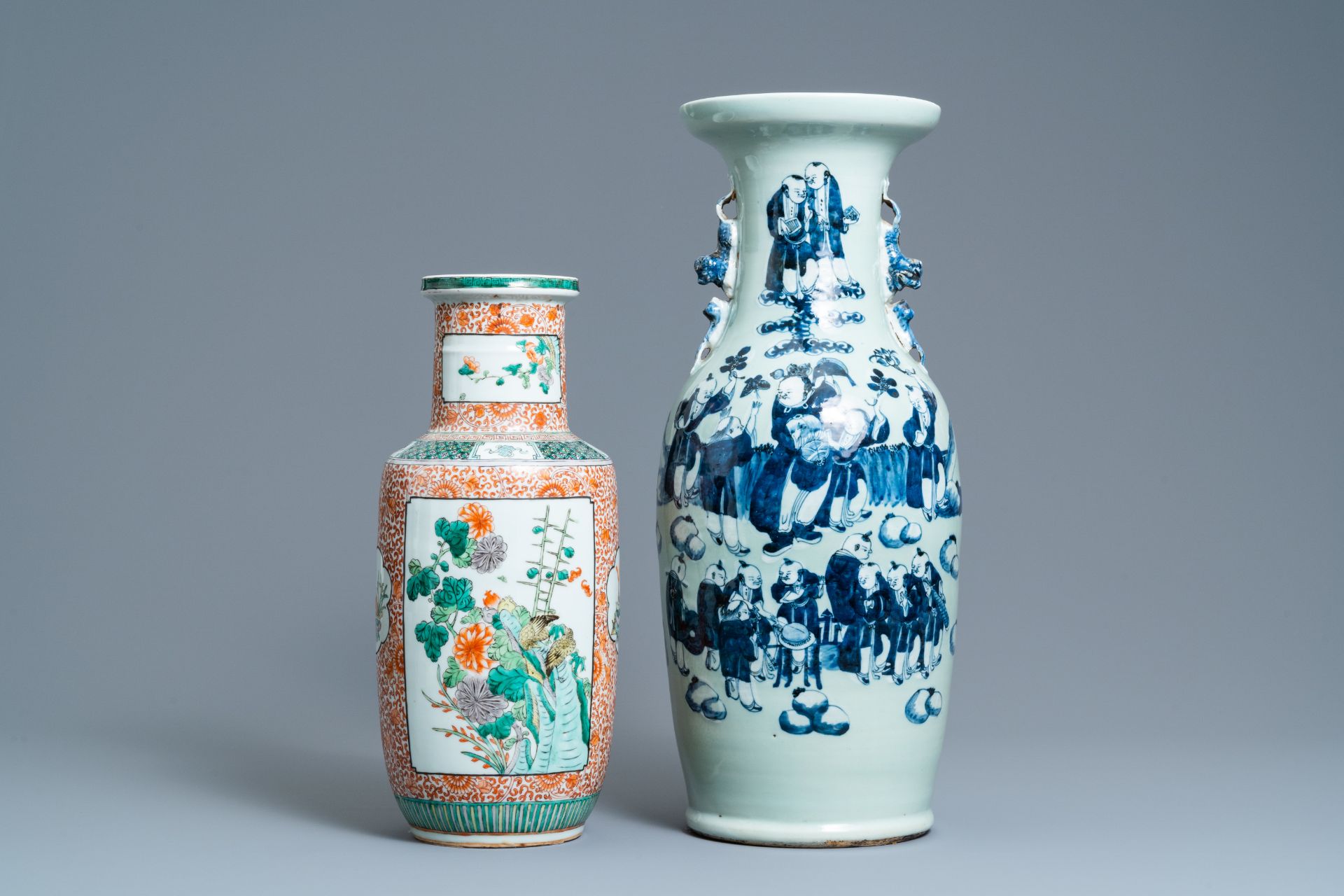 A Chinese blue and white celadon-ground vase and a famille verte rouleau vase, 19th C.