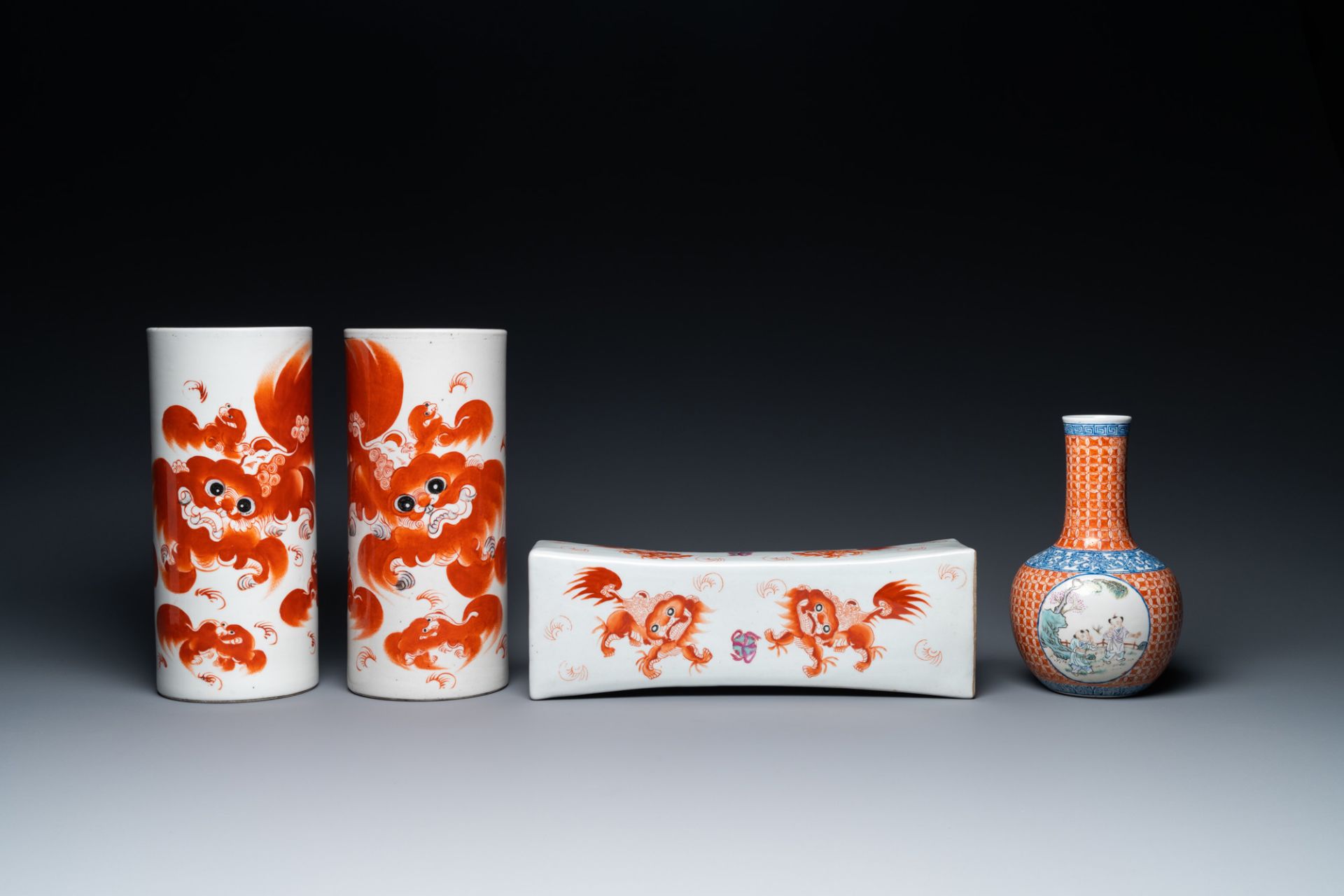 A Chinese famille rose 'playing boys' vase, a pair of hat stands and a head rest with Buddhist lions - Image 2 of 7