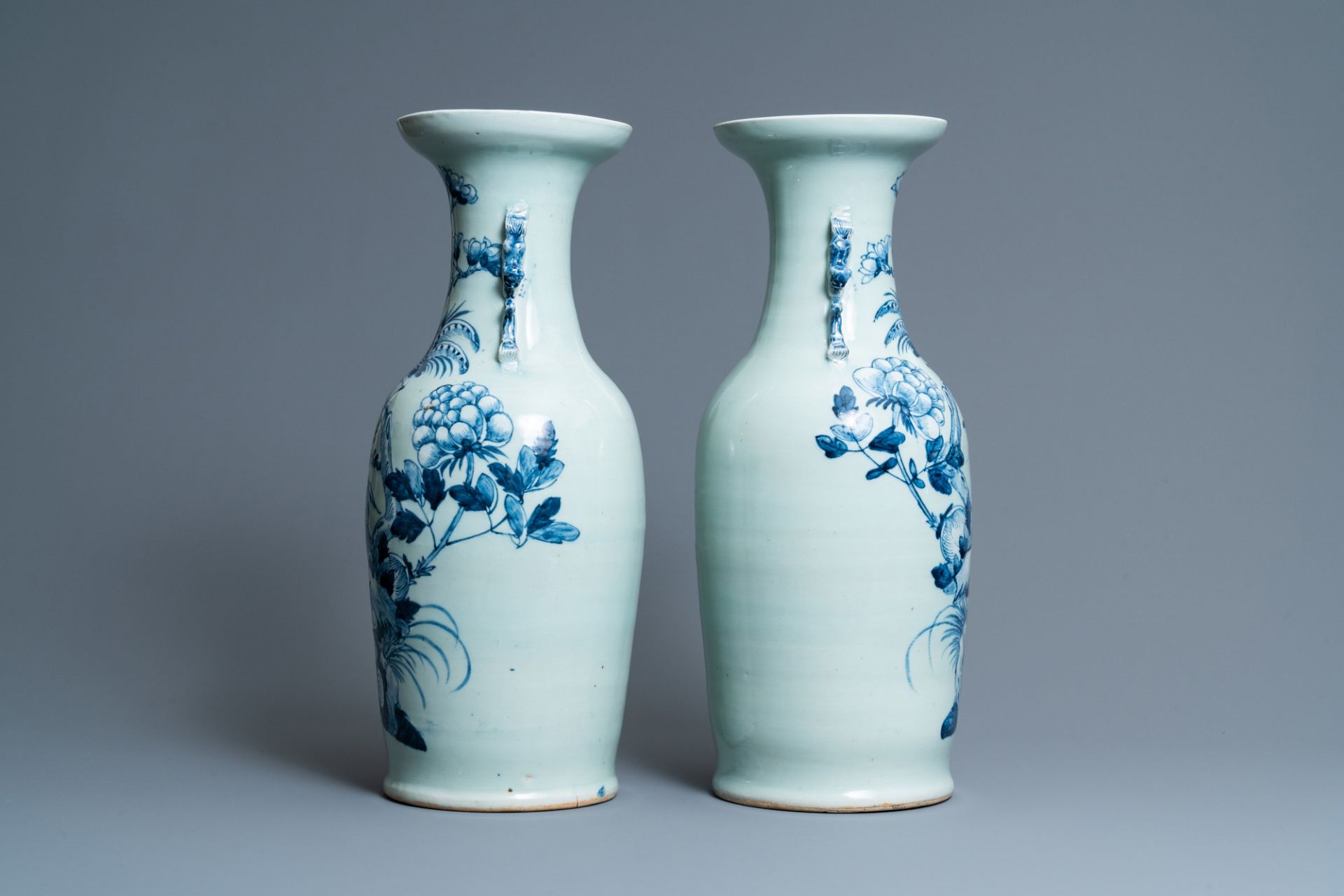 A pair of Chinese blue and white celadon 'pheasant' vases, 19th C. - Image 2 of 6