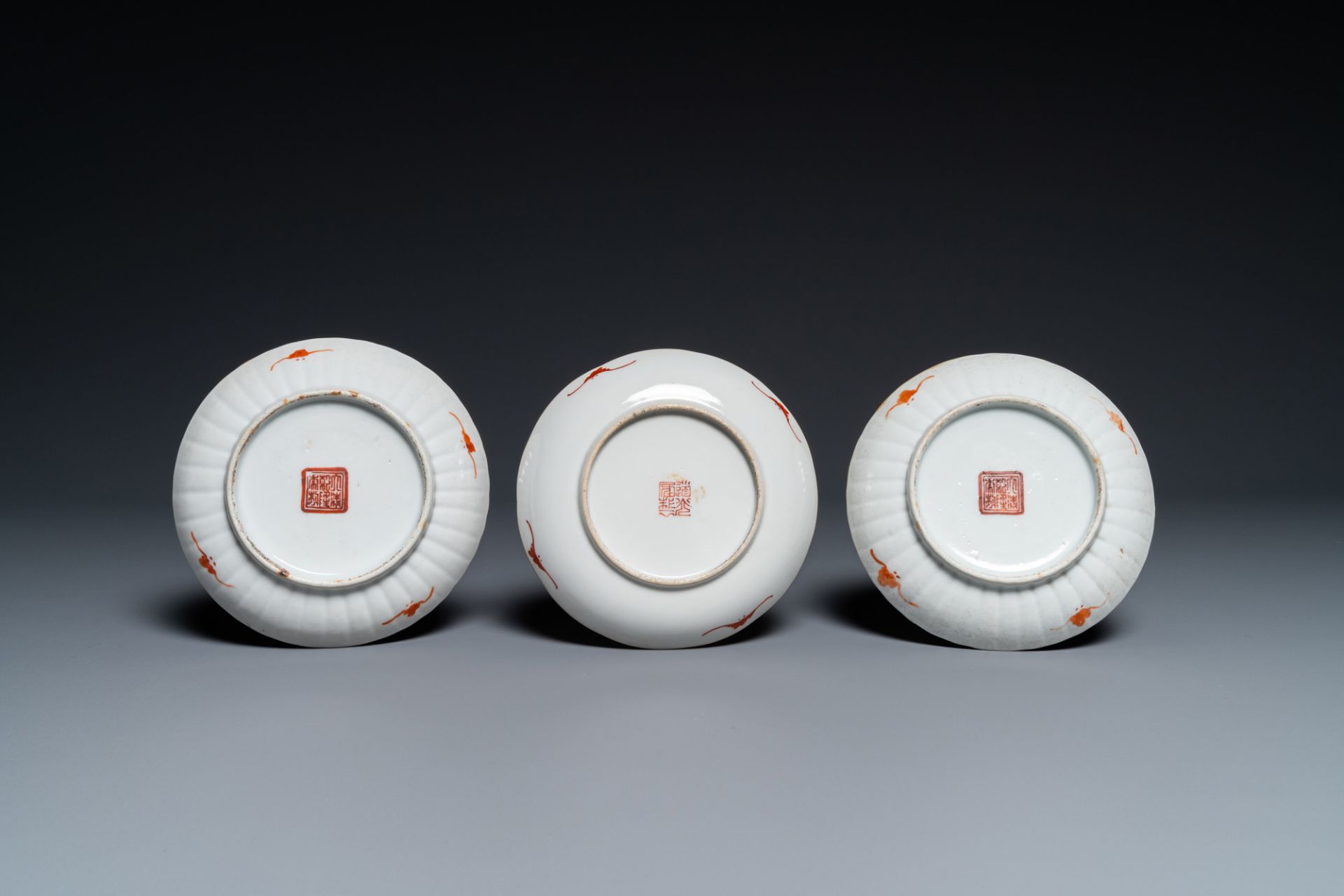 Seven Chinese famille rose saucers, a teapot and a covered box, 19th C. - Image 3 of 11