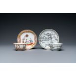 Two Chinese famille rose and grisaille cups and saucers, Yongzheng/Qianlong