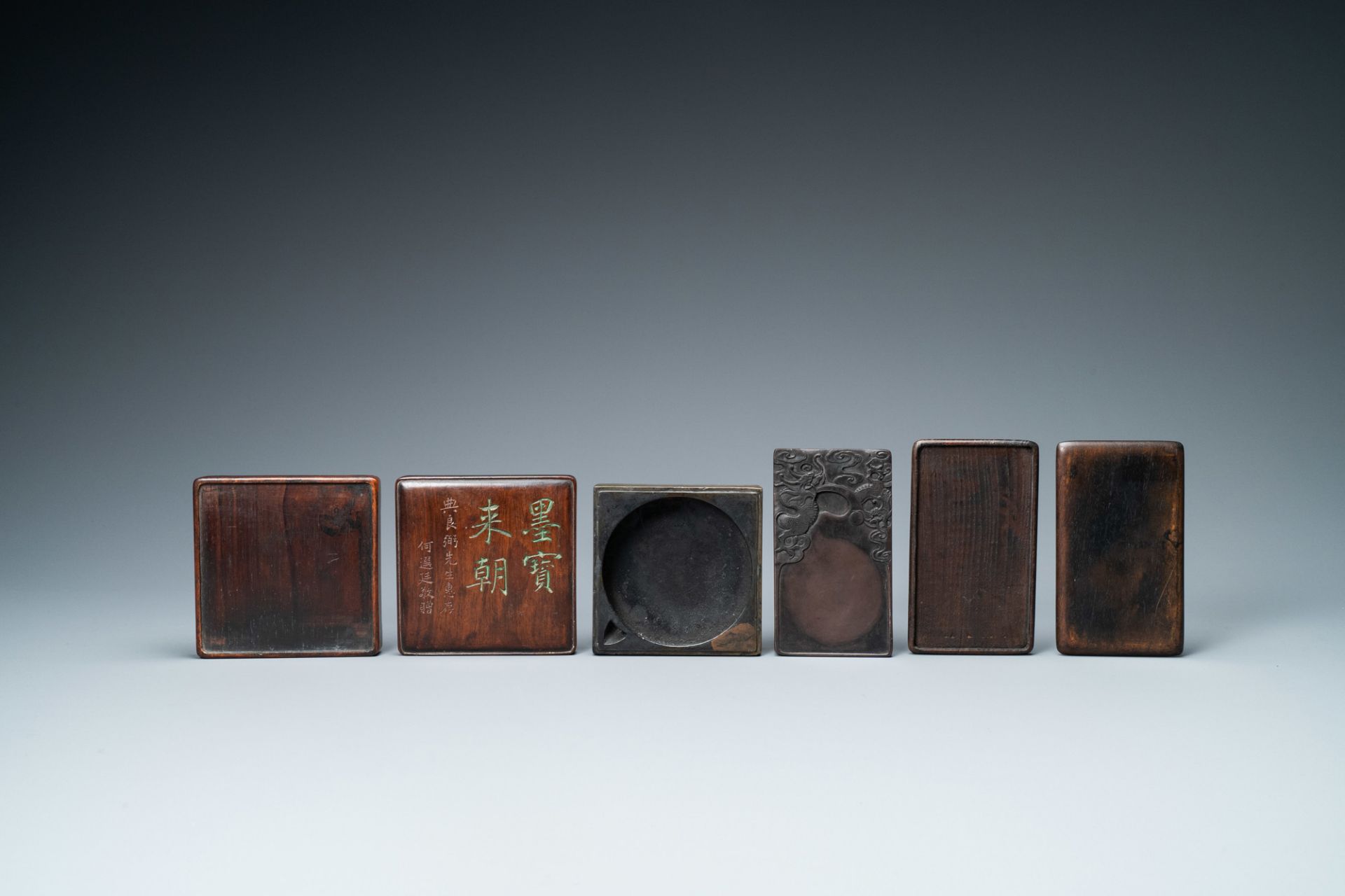 Two Chinese 'duan' ink stones in wooden cases, 19/20th C. - Image 8 of 8