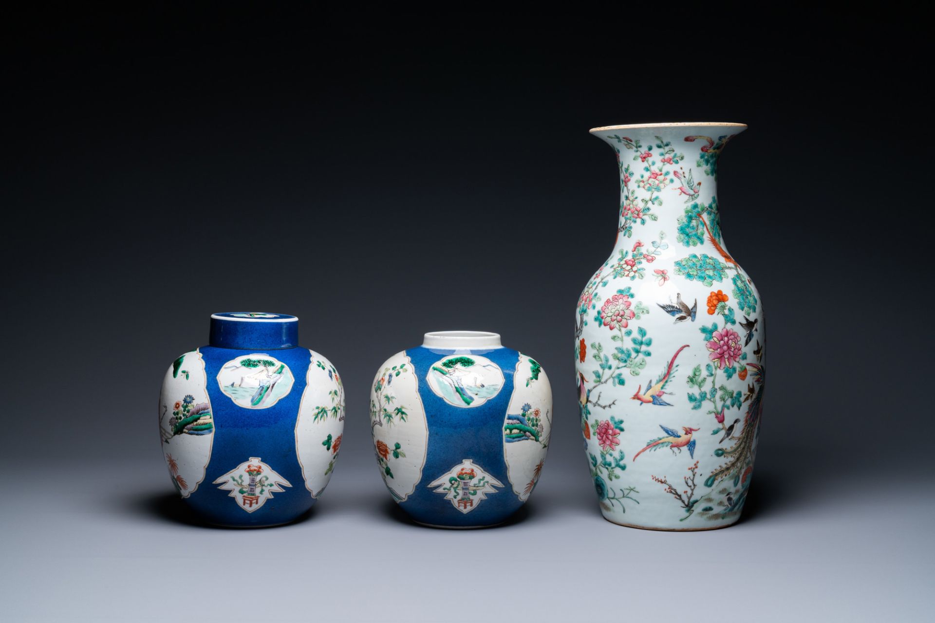 A Chinese famille rose vase and a pair of famille verte powder blue-ground jars, 19th C. - Image 3 of 7