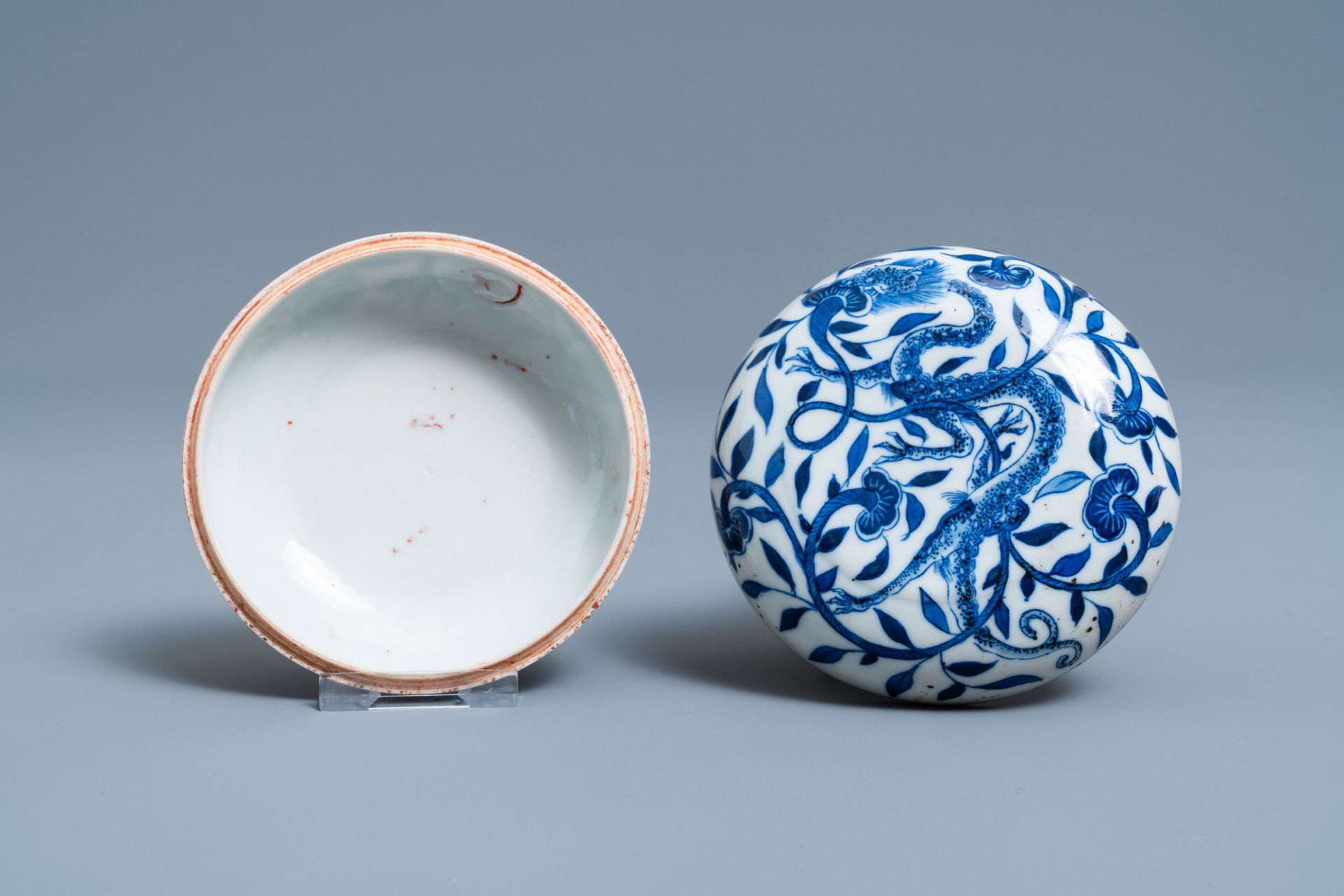 A pair of Chinese blue and white three-tier stacking boxes, a seal paste box and four saucers, 19th - Image 6 of 28