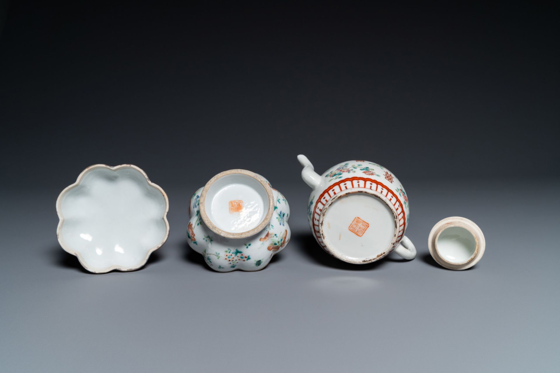 Seven Chinese famille rose saucers, a teapot and a covered box, 19th C. - Image 11 of 11