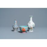 A Chinese famille rose vase, a 'dragon' bowl and a wucai vase, Republic