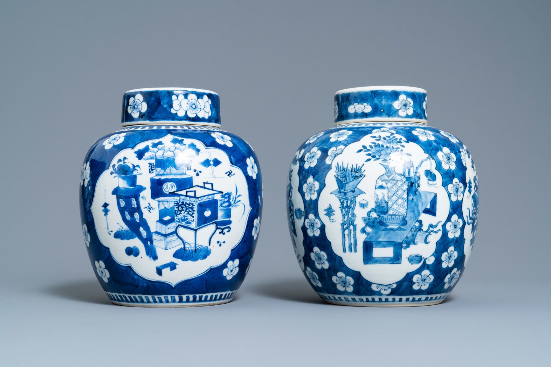 Four Chinese blue and white 'antiquities' jars and covers, 19th C. - Image 4 of 17