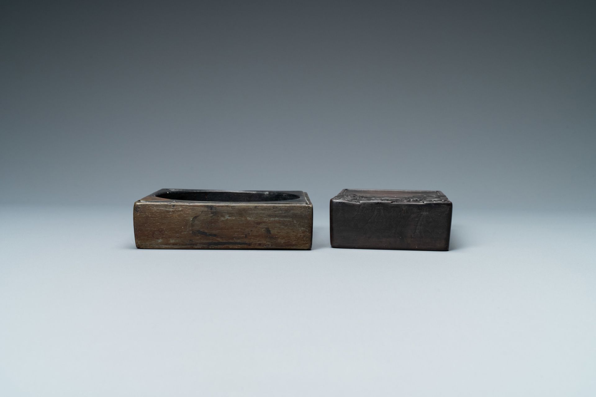 Two Chinese 'duan' ink stones in wooden cases, 19/20th C. - Image 4 of 8
