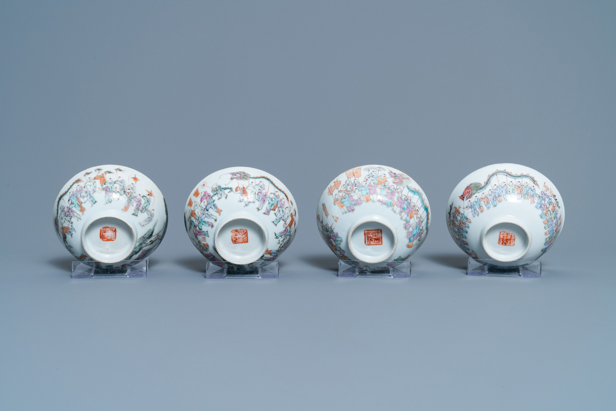 Four Chinese famille rose 'spring festival' bowls, 19th C. - Image 7 of 7