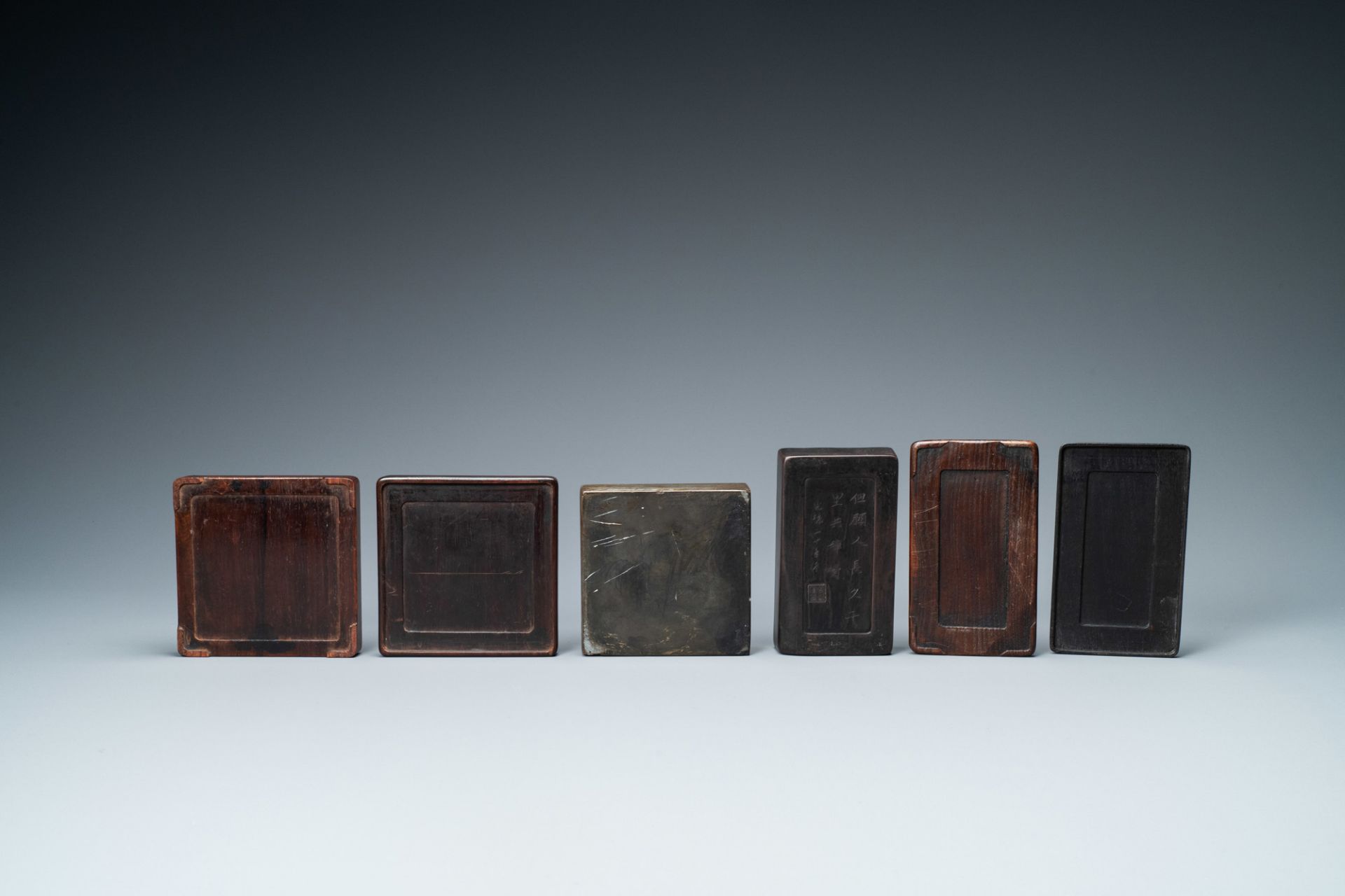 Two Chinese 'duan' ink stones in wooden cases, 19/20th C. - Image 7 of 8