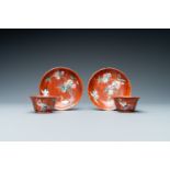 A pair of Chinese famille rose 'faux-bois' cups and saucers, Yongzheng/Qianlong