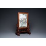 A Chinese wooden table screen with a qianjiang cai plaque, 19th C.