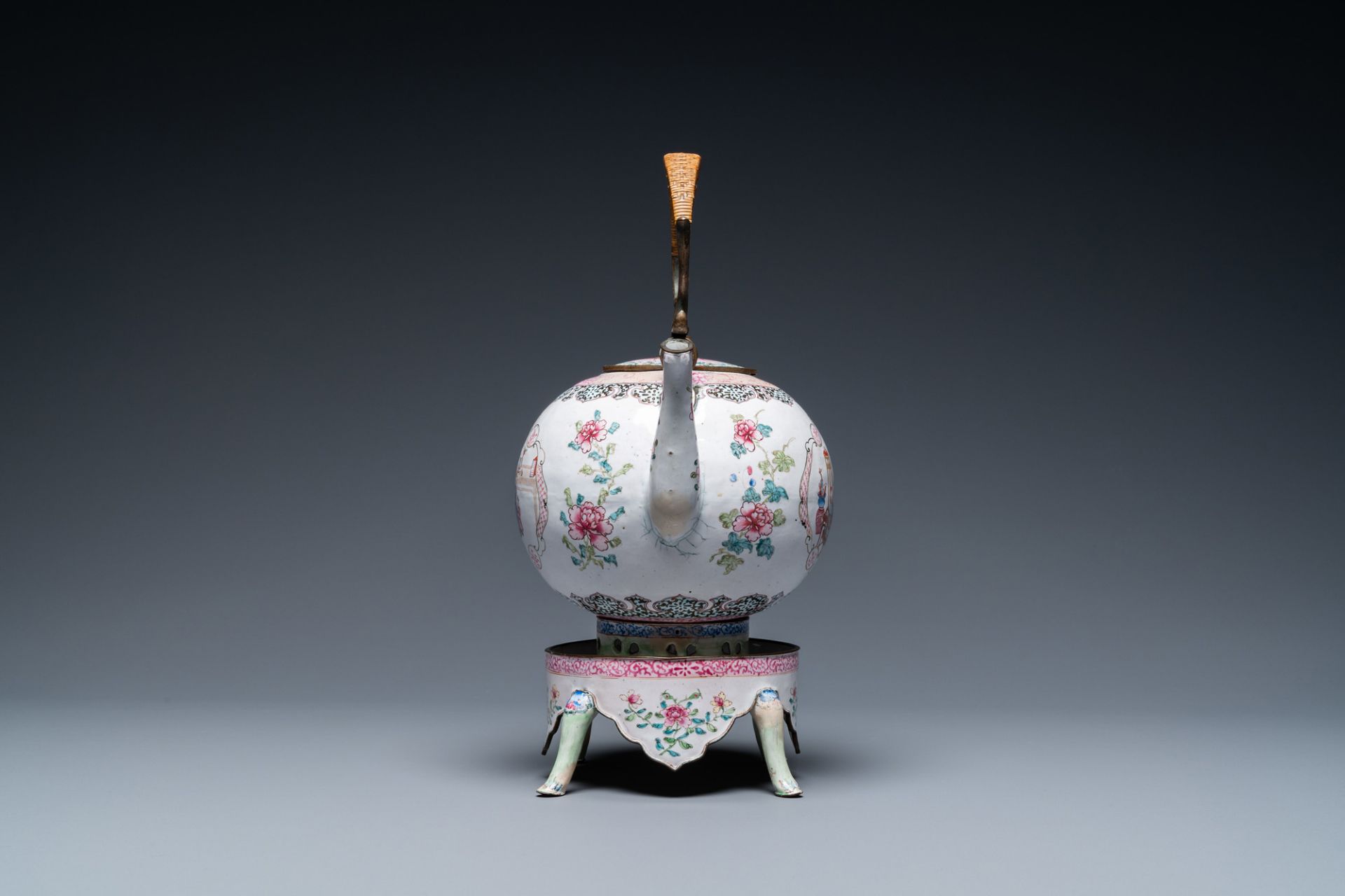 A Chinese Canton enamel teapot on warming stand, Qianlong - Image 3 of 7