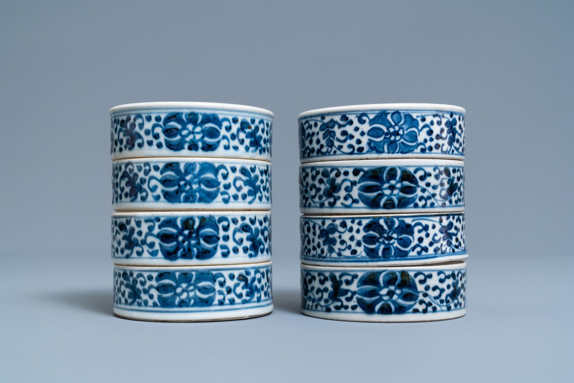 A pair of Chinese blue and white three-tier stacking boxes, a seal paste box and four saucers, 19th - Image 10 of 28