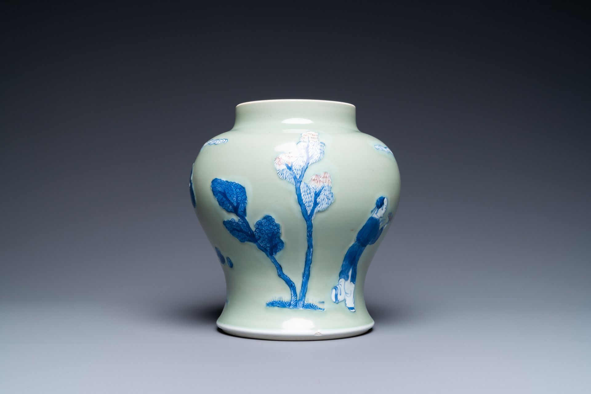 A Chinese blue, white and copper-red celadon-ground vase, Kangxi - Image 2 of 6