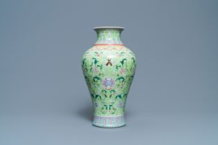 A Chinese famille rose lime-green-ground vase, Qianlong mark, 19/20th C.