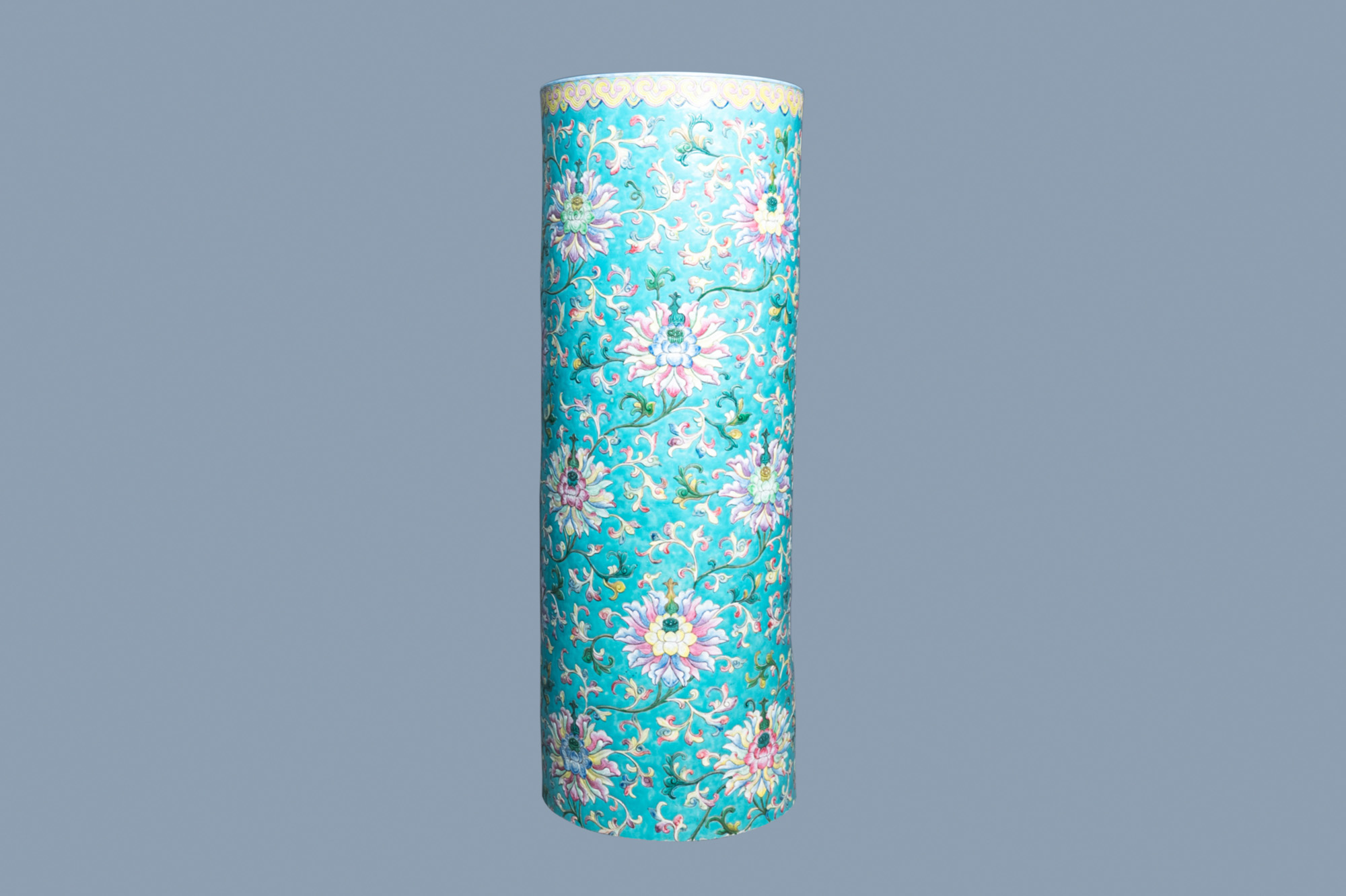 A large Chinese famille rose cylindrical vase with applied lotus scrolls, Jiaqing/Daoguang - Image 7 of 49