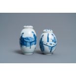 Two Chinese blue and white tea caddies and covers, Kangxi