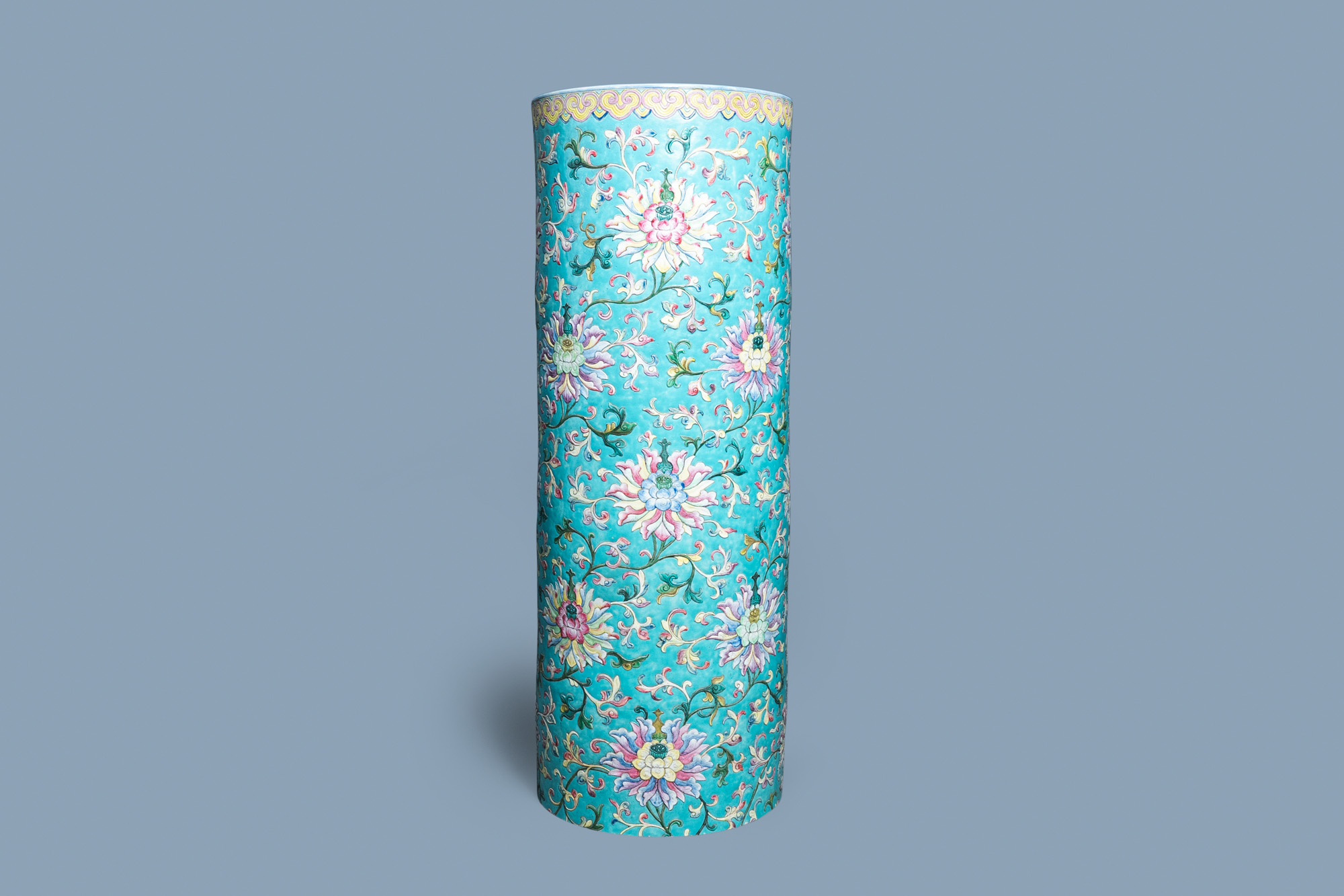 A large Chinese famille rose cylindrical vase with applied lotus scrolls, Jiaqing/Daoguang - Image 2 of 49