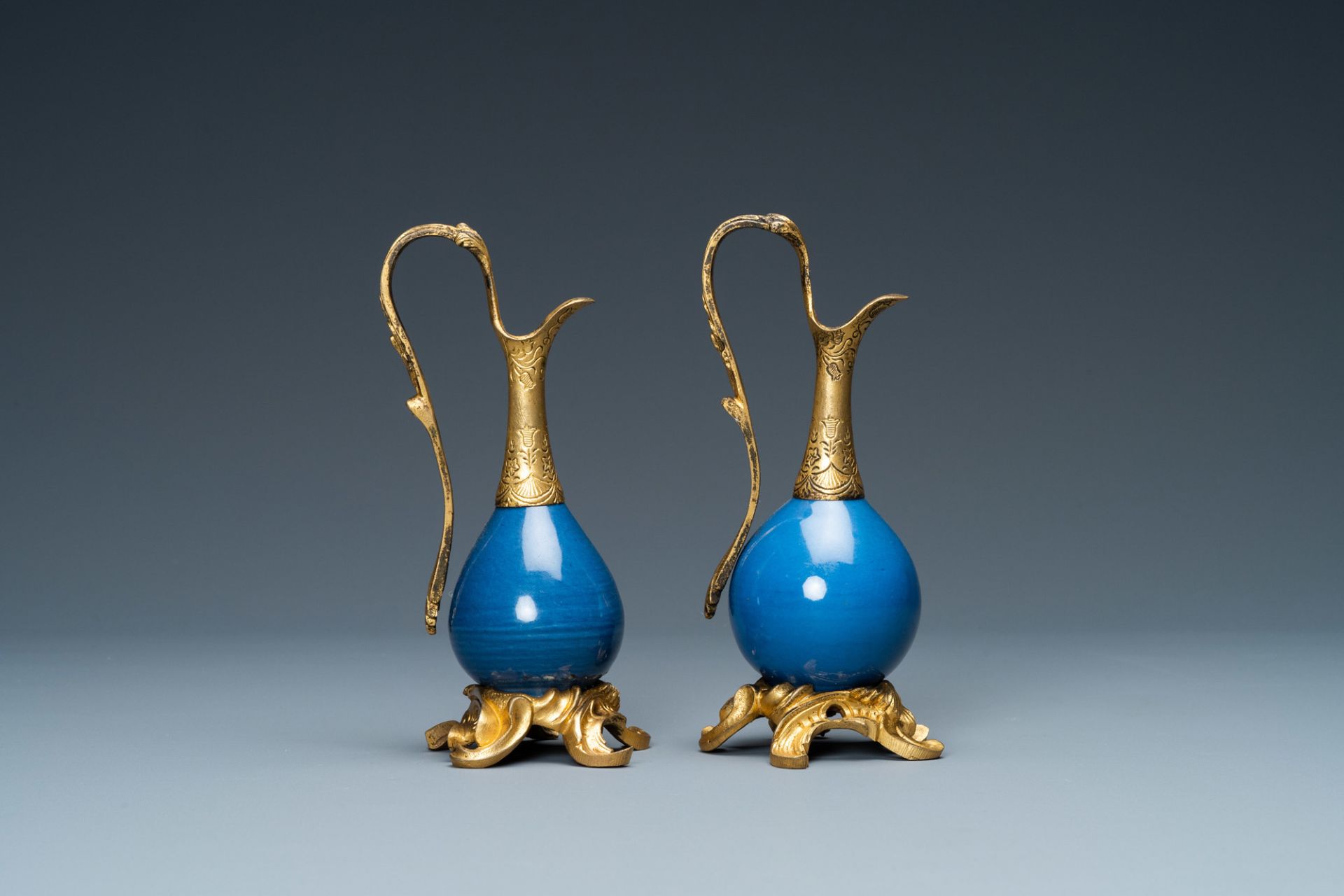 Two Chinese monochrome blue vases mounted as ewers with gilt bronze, Kangxi and 19th C. - Image 5 of 8