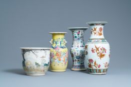 Three Chinese famille rose vases and a jardiniere, 19th C.