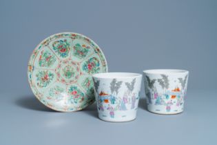 A pair of Chinese famille rose jardinieres and a Canton famille rose celadon dish, 19th C.